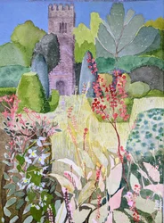 Tour médiévale dans un jardin, Dartington, 2022 (aquarelle sur papier)