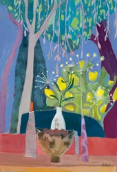 Nature morte avec bol et trois vases sur fond d