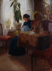Intérieur avec femme cousant