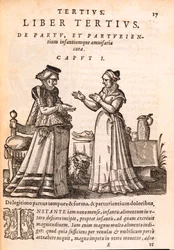 Infirmière soignant un patient avec une main blessée, de De Concepta et Generatione Hominis par Jakob Ruf, 1587