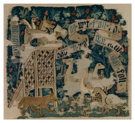 Coussin de tapisserie représentant le Renard, possiblement le Loup, prêchant aux oies, de Bâle