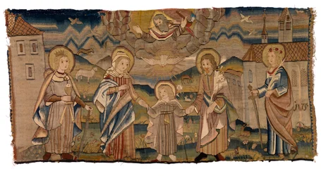 Panneau de tapisserie représentant sainte Barbe, la Vierge Marie, la Sainte Trinité, saint Joseph et sainte Catherine, ou l