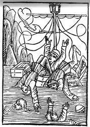 La légende de Saint Brendan (Brandan), héros et saint irlandais du VIe siècle. Les navires coulent dans la mer de Clèves. Gravure de « Die Wunderbare Meerfahrt des Hl. Brandan. » Bâle