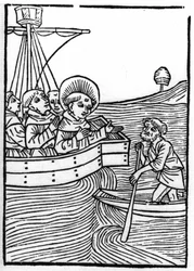 La légende de Saint Brendan (Brandan), héros et saint irlandais du 6ème siècle : Les confrères rencontrent un nain au bout du monde. Gravure de « Die Wunderbare Meerfahrt des Hl. Brandan » Bale