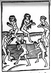 La légende de Saint Brendan (Brandan), héros et saint irlandais du 6ème siècle. Pécheurs condamnés. Gravure de « Die Wunderbare Meerfahrt des Hl. Brandan. » Bale