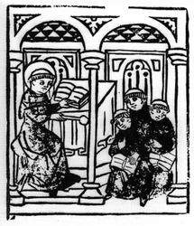 La légende de Saint Brendan (Brandan), héros et saint irlandais du 6e siècle. Le saint raconte les merveilles de la mer à ses confrères du monastère. Gravure de « Die Wunderbare Meerfahrt des Hl. Brandan. » Bâle