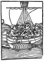 La légende de Saint Brendan (Brandan), héros et saint irlandais du 6ème siècle : La rencontre avec le poisson géant Isconius. Gravure de « Die Wunderbare Meerfahrt des Hl. Brandan » Bale