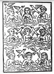 La légende de Saint Brendan (Brandan), héros et saint irlandais du 6ème siècle : Les feux du Purgatoire et les oiseaux de feu. Gravure de « Die Wunderbare Meerfahrt des Hl. Brandan. » Bâle