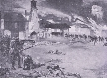 Combats de rue à la frontière franco-allemande : Une attaque française sur la garde prussienne, tiré de History of the Great War Vol 3 publié par Waverley Book Co Limited, c.1920