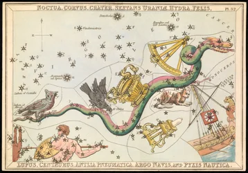 Noctua, Corvus, Crater, Sextans Uraniae, Hydra, Felis, Lupus, Centaurus, Antilia Pnuematica, Argo Navis et Pysix Nautica, vers 1825