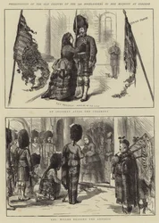 Présentation des anciennes couleurs des 79e Highlanders à Sa Majesté à Osborne