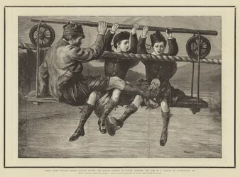 Le premier voyage, le prince Albert Victor et le prince George de Galles traversant la Dee dans un berceau à Abergeldie, 1876