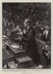 La réunion du Parlement, M. Balfour parlant dans le débat sur l