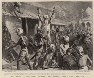 Les émeutes à Calcutta, militaires et policiers nettoyant les rues