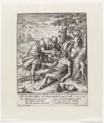 Le bon Samaritain soigne les blessures du voyageur attaqué