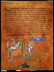 Pleine page : texte et miniature : Abraham promet une descendance nombreuse (miniature sur parchemin)