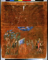 Pleine page : texte et miniature : Dieu maudissant le serpent et le premier couple humain (miniature sur parchemin)