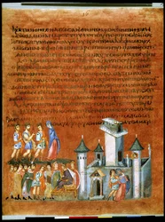 Pleine page : texte et miniature : Isaac et Rebecca avec le roi philistin Abimelech à Gerar (miniature)