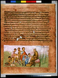 Pleine page : texte et miniature : Jacob confie Benjamin à Juda et envoie des cadeaux (miniature)
