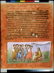 Pleine page : texte et miniature : Jacob renvoie ses fils en Égypte (miniature)