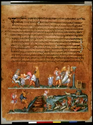 Pleine page : texte et miniature : Joseph prenant congé de ses parents et de Benjamin (miniature)