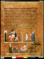 Pleine page : texte et miniature : Joseph tenté par la femme de Potiphar (miniature)