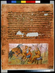 Pleine page : texte et miniature : Les frères de Joseph retrouvent leurs bourses et les montrent à Jacob (miniature)