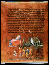 Pleine page : texte et miniature : Le rêve des gerbes de blé de Joseph (miniature)