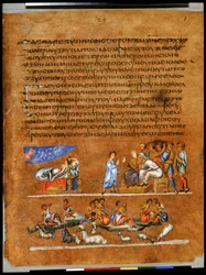 Pleine page : texte et miniature : Le rêve de Joseph sur le soleil, la lune et les étoiles (miniature)