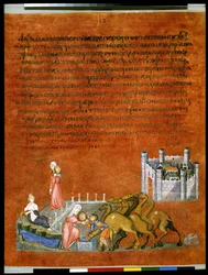 Pleine page : texte et miniature : Rébecca et Eliézer au puits à l
