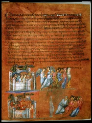 Pleine page : texte et miniature : Le sauvetage de Loth (miniature sur parchemin)