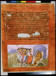 Pleine page : texte et miniature : Ruben exigeant que Benjamin les rejoigne pour le second voyage (miniature)