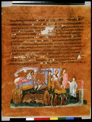 Pleine page : texte et miniature : le pharaon racontant à Joseph ses rêves sur les épis et les vaches (miniature)