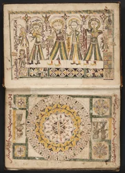 MS Hunter 40 f.2r, frontispice représentant Ahiqar, Platon, Galien et Aristote, et page en regard, extrait de 