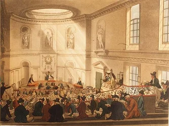 India House, la salle de vente, pub. par Ackermann