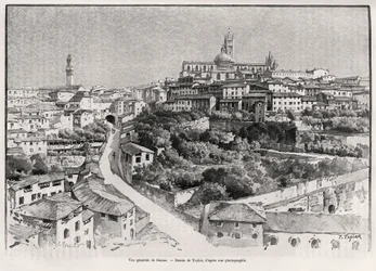 Vue générale de Sienne (Italie). Gravure de Taylor pour illustrer le récit « À travers la Toscane » par Eugène Müntz (1845-1902), dans Le Tour du Monde 1892, dirigé par Édouard Charton (1807-1891), Hachette, Paris.