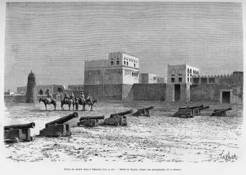 Palais du Sheikh Aissa à Bahreïn, Tchad. Gravure de Taylor pour illustrer le récit À Suse, journal des excavilles