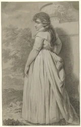 Jeune femme, vue de dos, debout dans un jardin