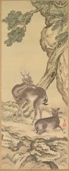 Symboles de longévité : Cerf sous pêche et pin (gauche), Paire de rouleaux suspendus