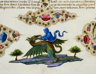 Frise de bordure au pied de la page avec figure de génie et monstre ailé, Volume II f 198, v, Bible de Borso d