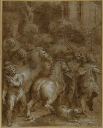 Chevaux et hommes, tournés vers la droite