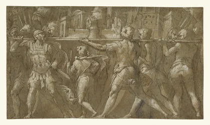 Soldats portant une maquette de ville