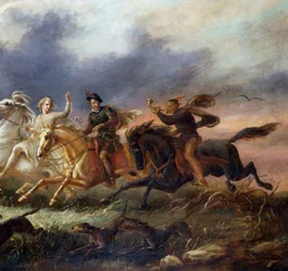 "Allegorie de la chasse" Trois cavaliers sur des chevaux au galop, l