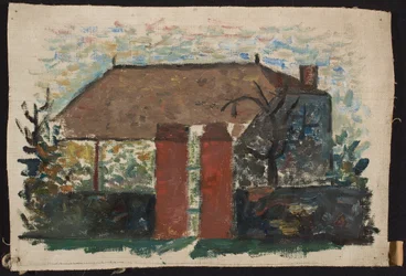 Maison avec un portail rouge