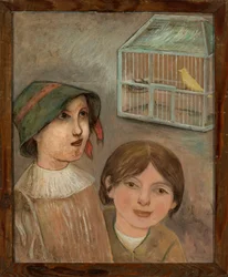 Deux fillettes sous une cage avec un canari