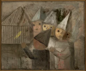 Enfants devant une cage avec un canari