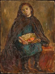 Fillette avec un panier de pommes sur les genoux
