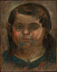 Tête de jeune fille en robe bleue