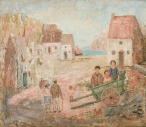 Paysage urbain avec des enfants dans une charrette