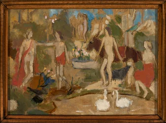 Scène de jardin avec personnages et cygnes